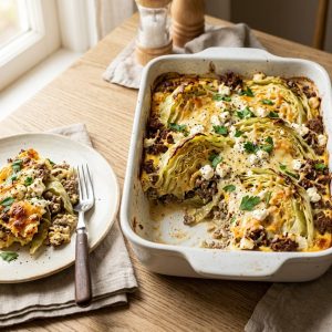 Spitzkohl-Hackfleisch-Auflauf mit Feta und Käsekruste in einer weißen Auflaufform